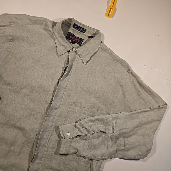 VTG Montebello M Shirt Brown Green Linen Long Sleeve Button XL Fit Hong Kong 80s - Picture 9 of 10